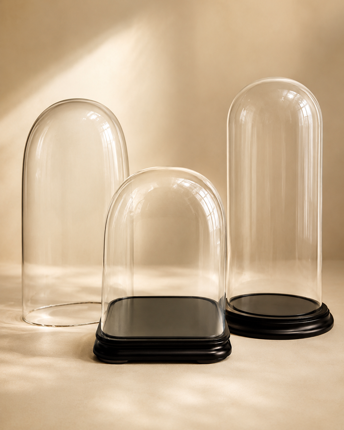 Verschiedene Glasdome und Glasglocken in runder, ovaler und eckiger Form